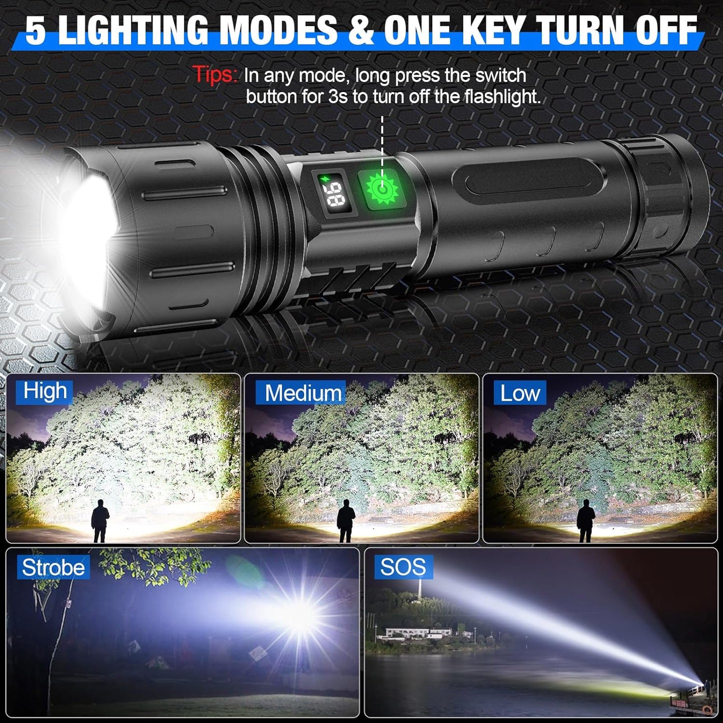 Torcia tattica Ultrabeam - Torcia LED ricaricabile da 100.000 lumen con 5 modalità e power bank | Impermeabile IPX6, portata 1000 m, luce ultra brillante
