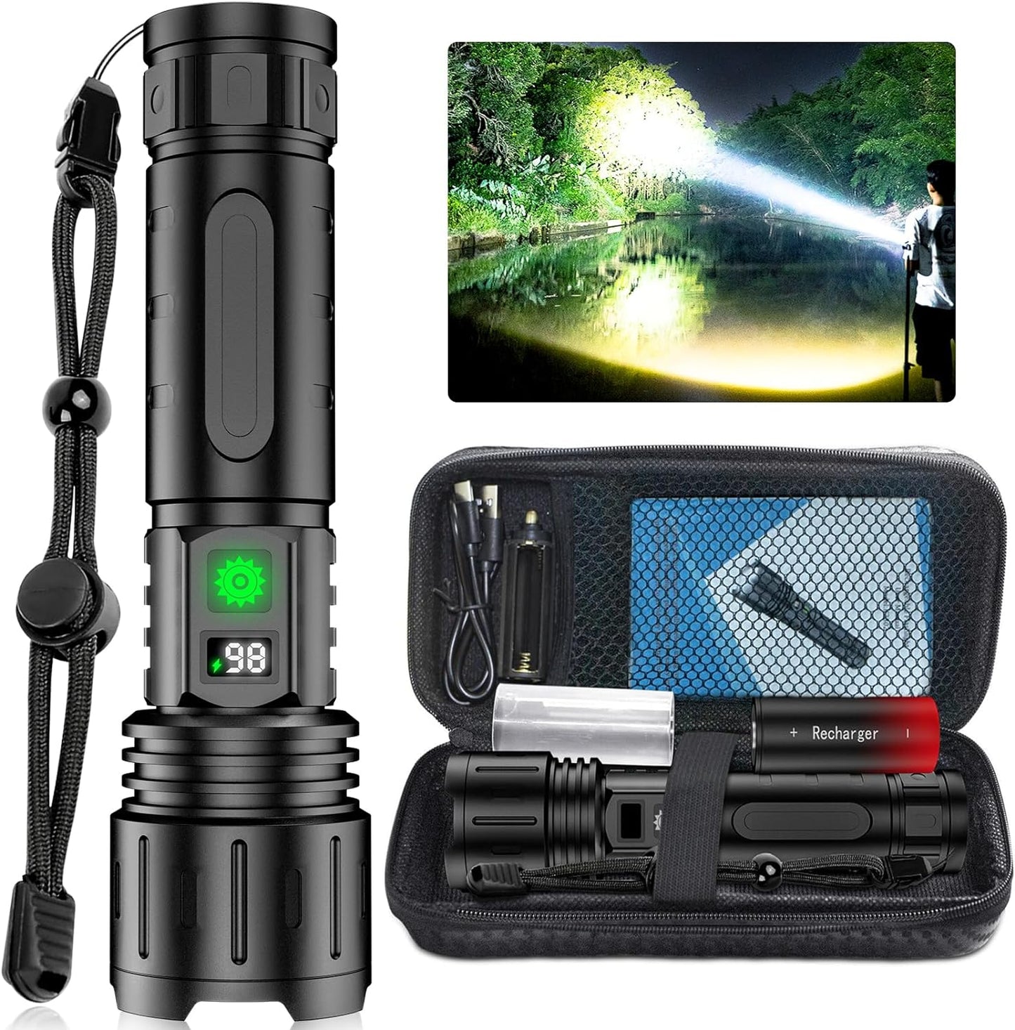 Torcia tattica Ultrabeam - Torcia LED ricaricabile da 100.000 lumen con 5 modalità e power bank | Impermeabile IPX6, portata 1000 m, luce ultra brillante