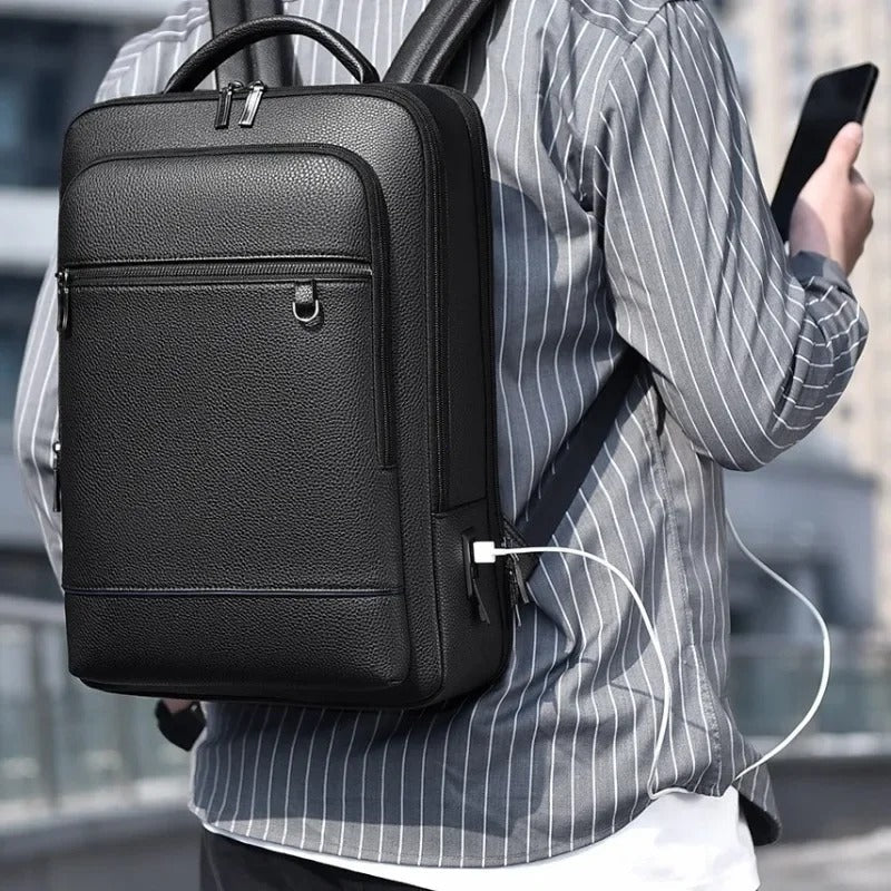 Elegant Leather Backpack with USB Port – Stylish Laptop Bag for Work & Travel | PU Leather, Softback, 15.6-Inch Capacity & Charging Function