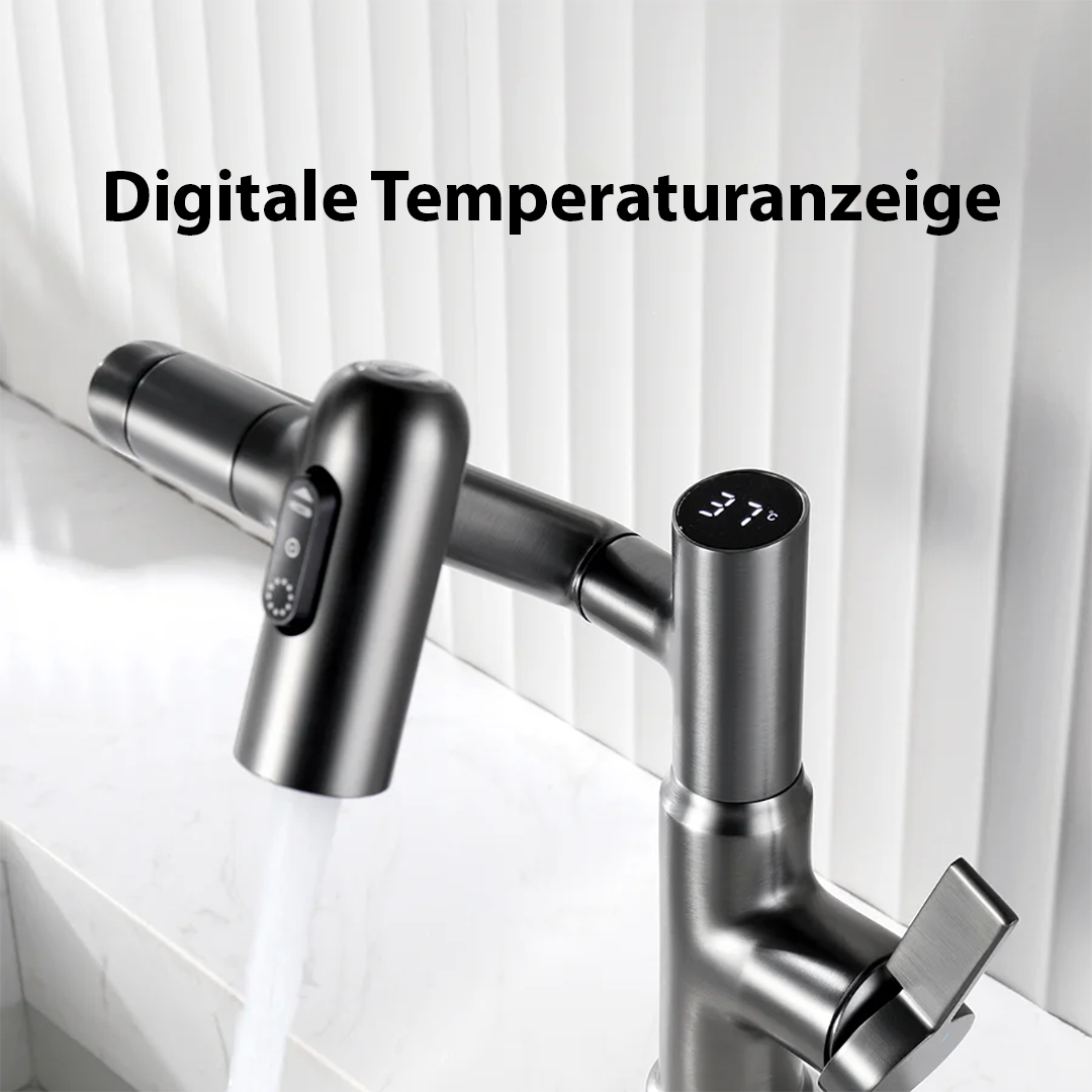 Aquatwist 360° Keukenkraan - Draaibare Chroomkraan met Instelbare Hoogte & Temperatuurdisplay | Modern, doe-het-zelf-installatie, spatvrij ontwerp