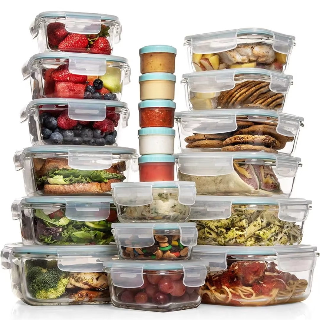 GLASSAFE – 35-piece glass food storage set with airtight lids and bonus dip containers