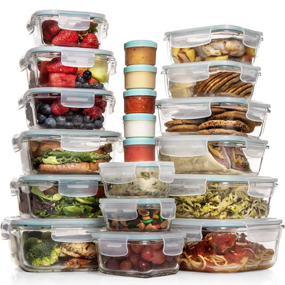 GLASSAFE – 35-piece glass food storage set with airtight lids and bonus dip containers