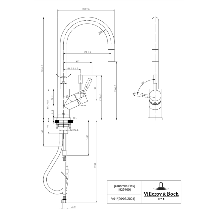 Villeroy & Boch - Umbrella Flex - Kitchen Faucet - Polished Stainless Steel - 389mm Spout Height 7