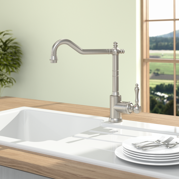 Avia 2.0 Retro-Style Kitchen Tap - 360° Rotation - Brushed Steel - 277mm Height 3