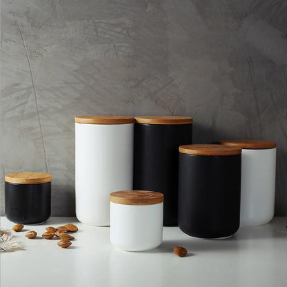 Barattoli in ceramica BambooFresh - Contenitori ermetici con coperchi in bambù naturale - Organizzazione elegante della dispensa per caffè, riso, muesli e altro ancora